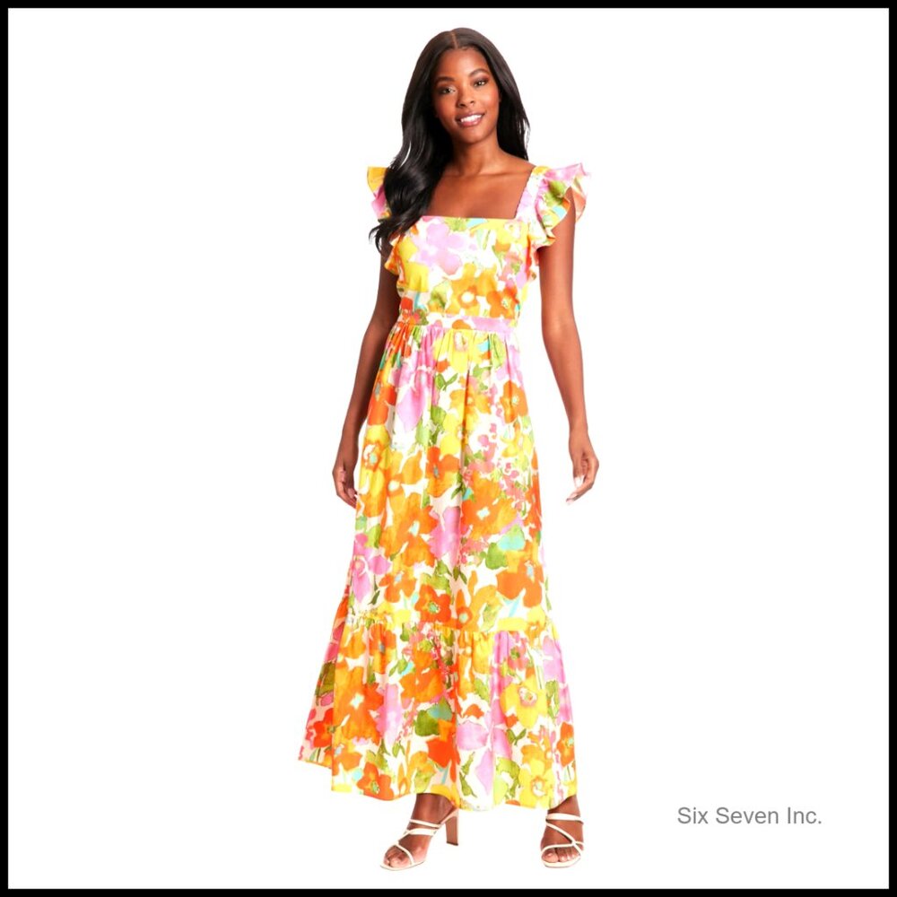Elastic Ruffle Sleeve Square Neck Maxi Dress Summer Vacation